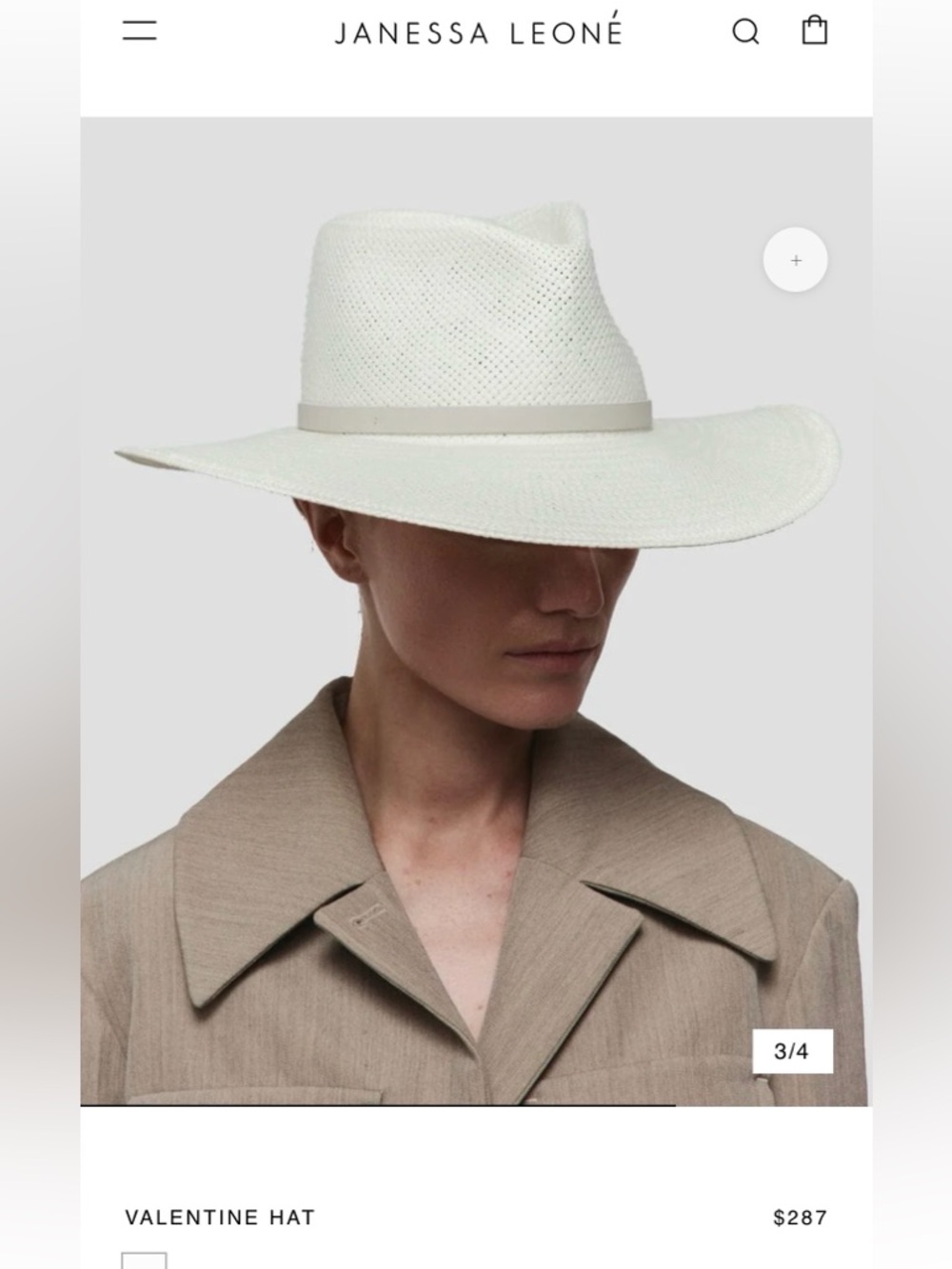 Janessa Leone Valentine White Straw Wide-Brim Hat with leather band size M